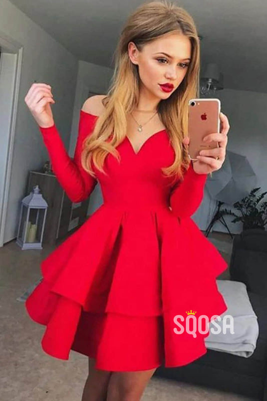 A-line Attractive V-neck Long Sleeves Red Homecoming Dress Party Dress QS2182|SQOSA