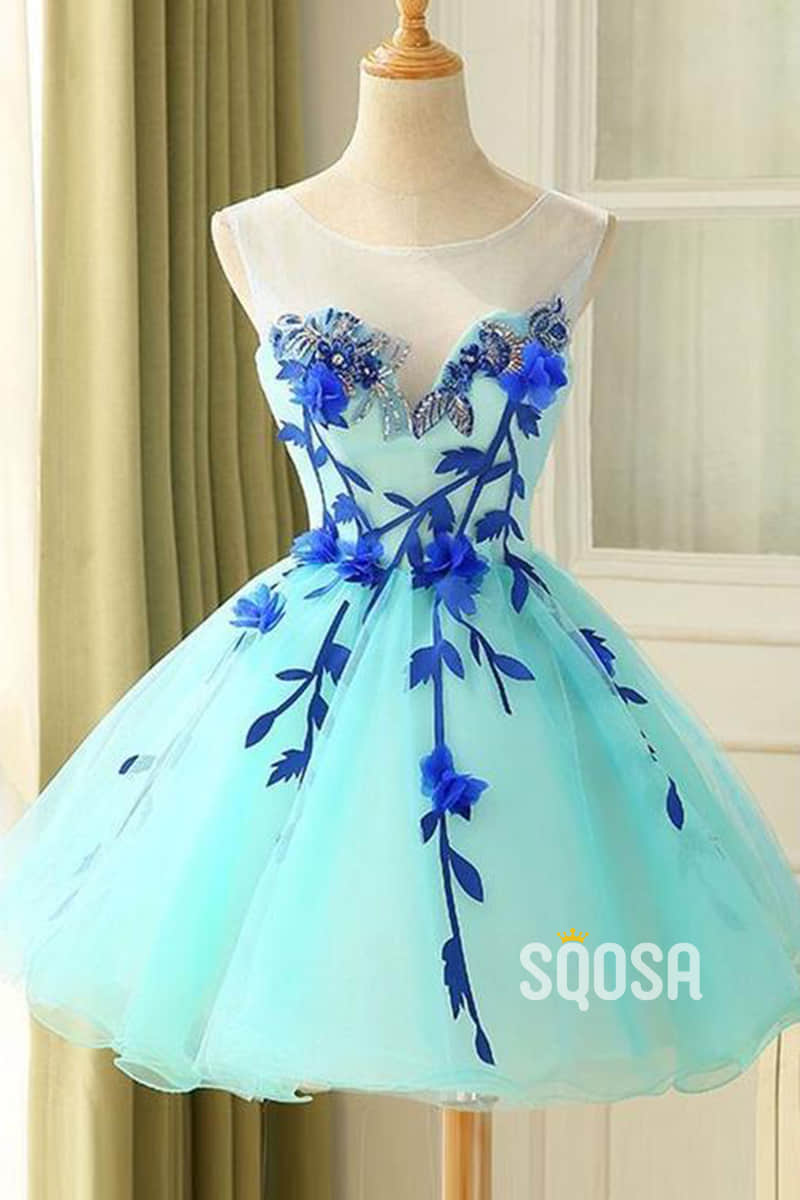 A-line Scoop Chic 3D Appliques Cute Homecoming Dress QS2184|SQOSA