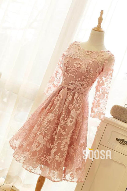 A-line Bateau Neckline Pink Lace 3/4 Sleeves Cute Homecoming Dress QS2188|SQOSA