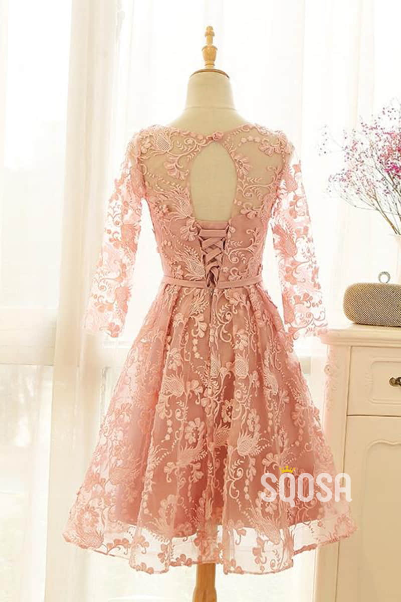 A-line Bateau Neckline Pink Lace 3/4 Sleeves Cute Homecoming Dress QS2188|SQOSA