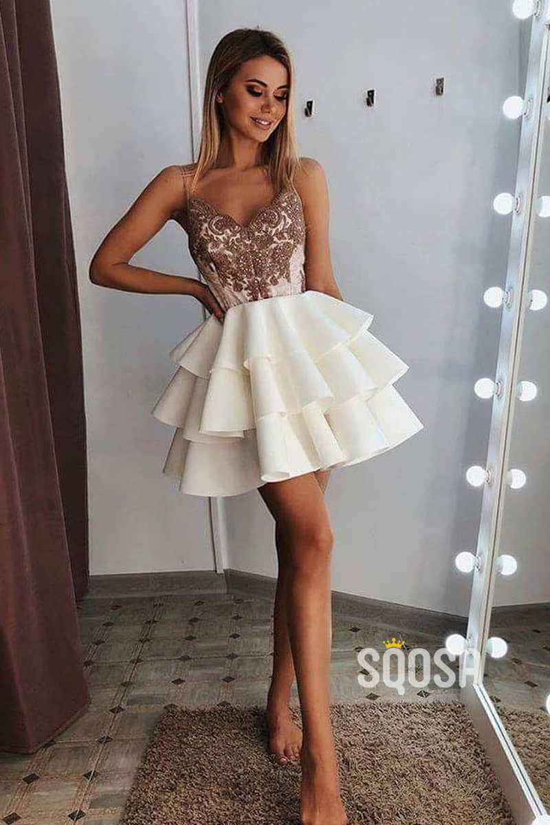 A-line Spaghetti Straps Chic Appliques Cute Homecoming Dress QS2212|SQOSA