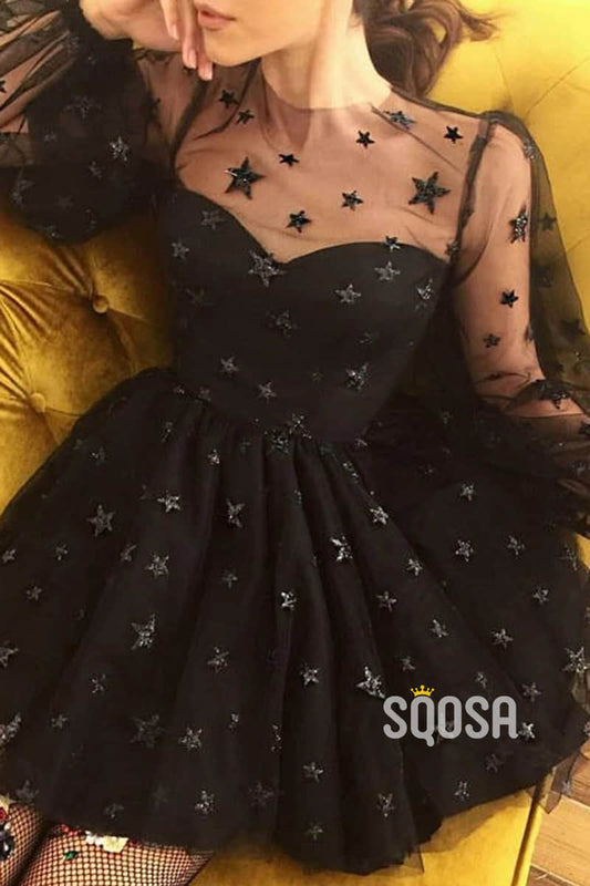 A-line Start Lace Long Sleeves Cute Homecoming Dress QS2215|SQOSA