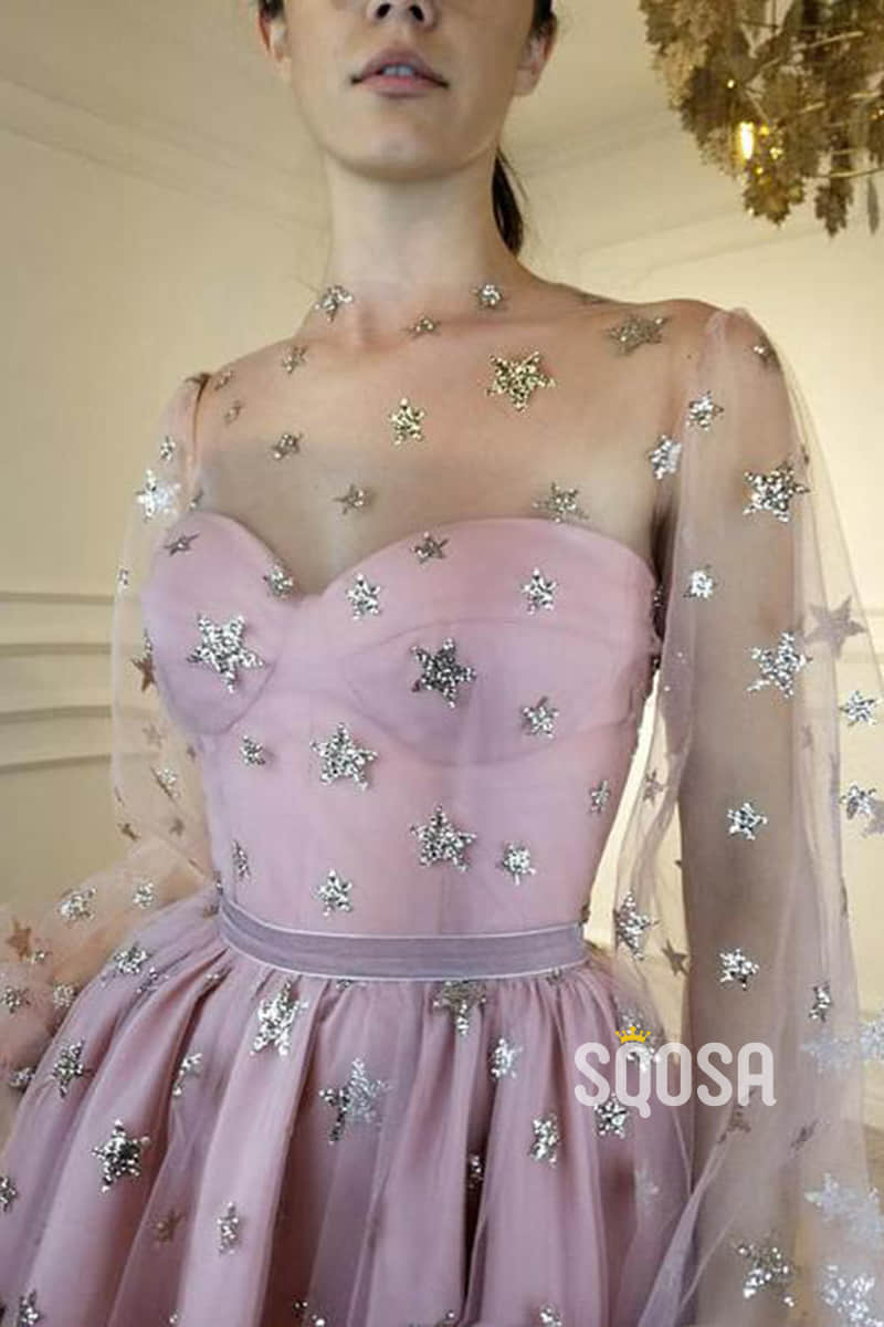 A-line Start Lace Long Sleeves Cute Homecoming Dress QS2215|SQOSA