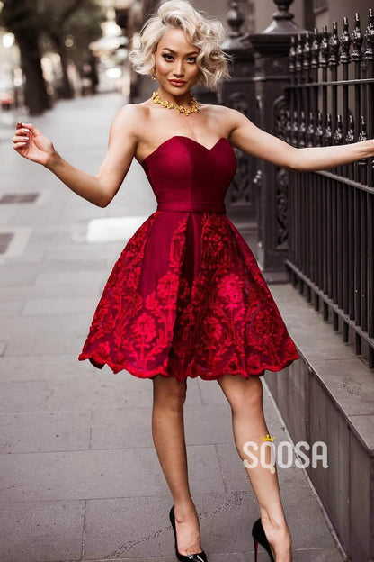 A-line Sweetheart Exquisite Lace Burgundy Vintage Homecoming Dress QS2216|SQOSA