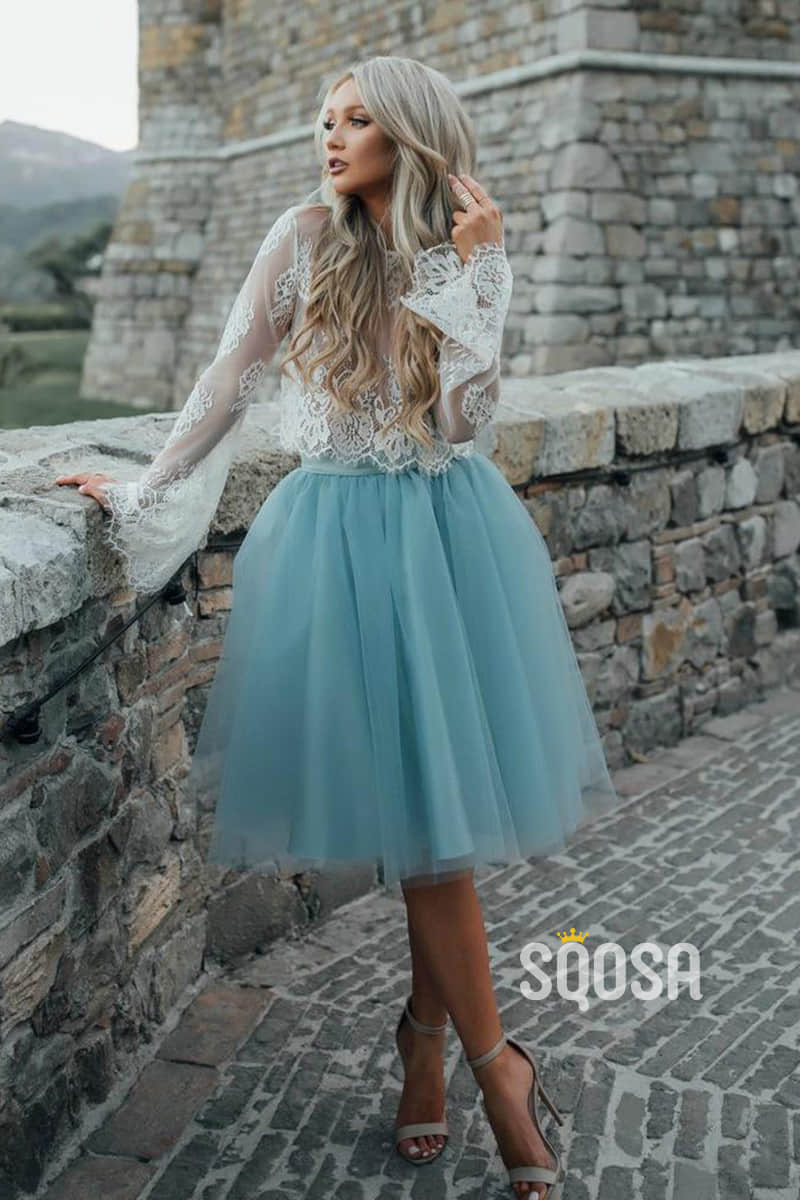 A-line Exquisite Lace Long Sleeves Boho Homecoming Dress QS2218|SQOSA