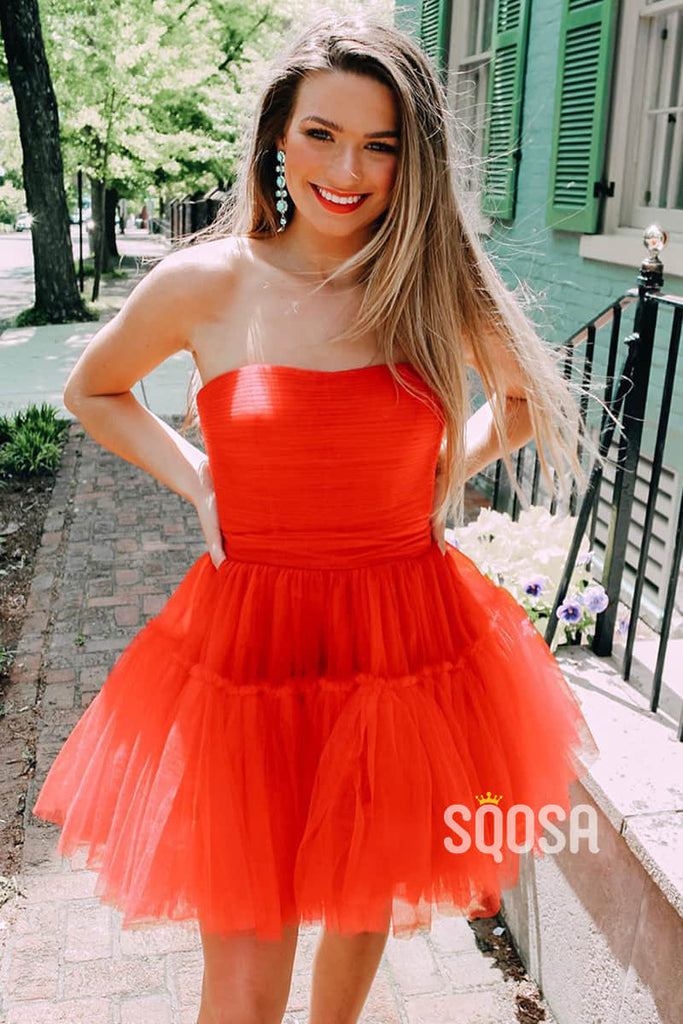 A-line Chic Strapless Red Tulle Short Homecoming Dress QS2226|SQOSA