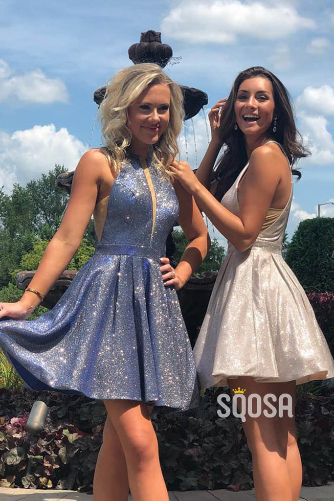 A-line Chic Bateau Short Sparkly Homecoming Dress with Pockets QS2227|SQOSA
