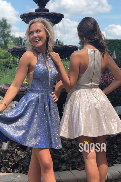 A-line Chic Bateau Short Sparkly Homecoming Dress with Pockets QS2227|SQOSA