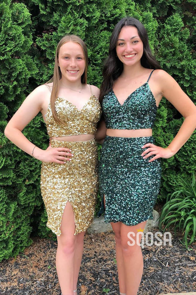 Spaghetti Straps Sequined Two Piece Homecoming Dress QS2229|SQOSA