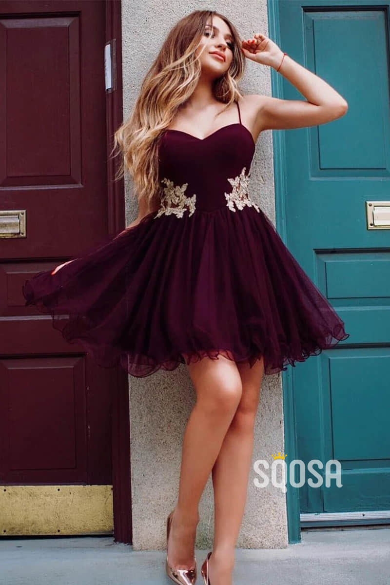 A-line Sweetheart Burgundy Tulle Appliques Short Homecoming Dress QS2233|SQOSA