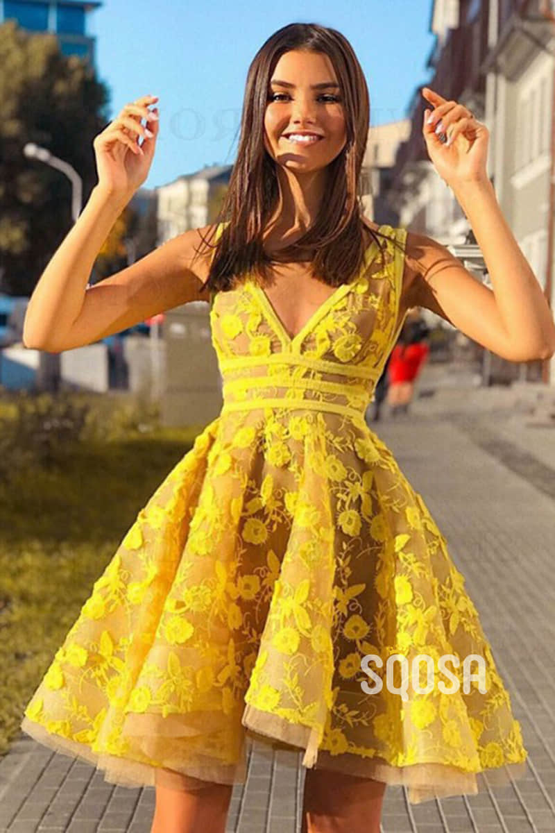 A-line -neck Exquisite Lace Yellow Homecoming Dress QS2235|SQOSA