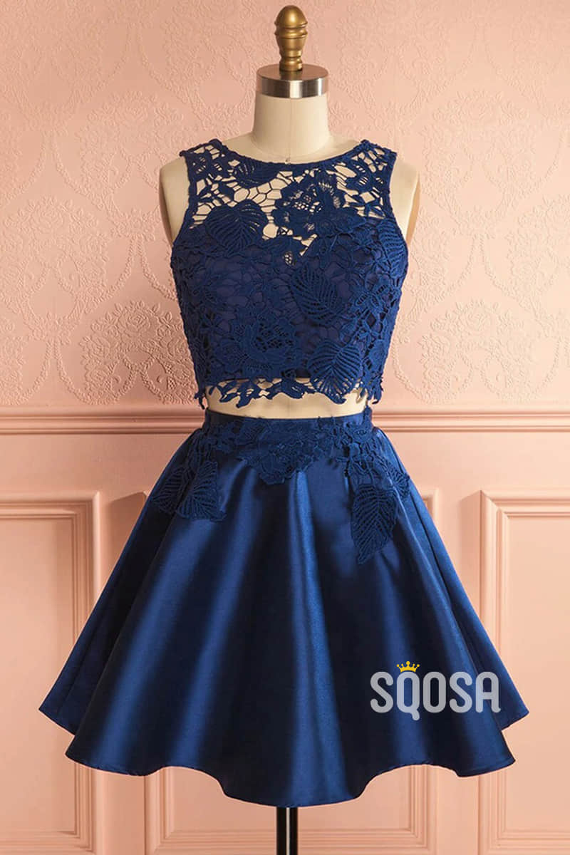A-line Chic Appliques Navy Two Piece Homecoming Dress QS2244|SQOSA