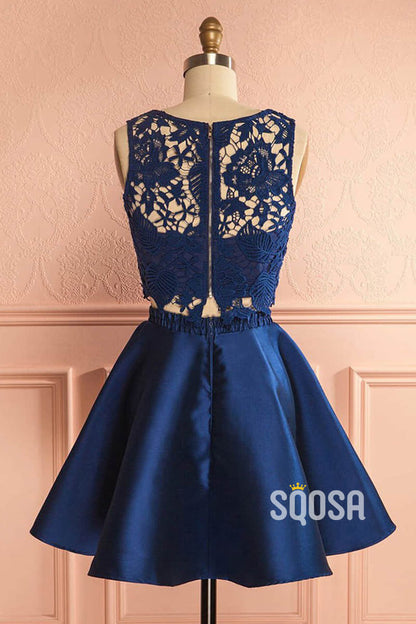 A-line Chic Appliques Navy Two Piece Homecoming Dress QS2244|SQOSA