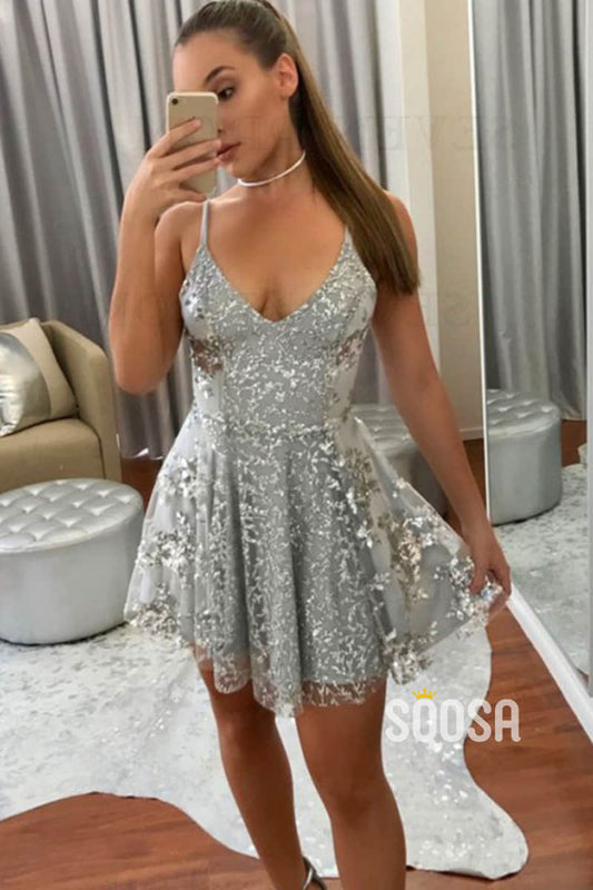 A-line V-neck Silver Short Homecoming Dress QS2246|SQOSA