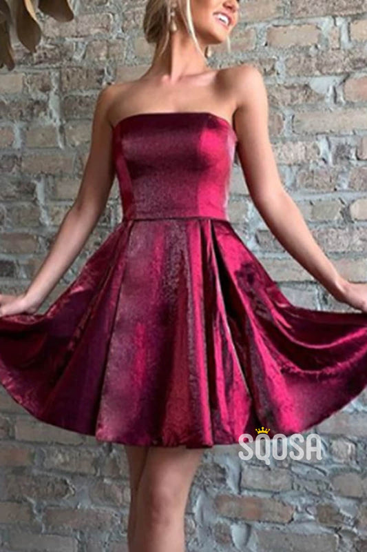 A-line Strapless Burgundy Homecoming Dress with Pockets QS2251|SQOSA