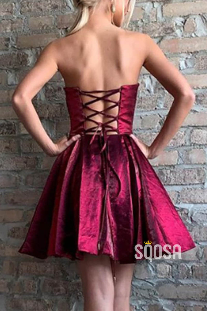 A-line Strapless Burgundy Homecoming Dress with Pockets QS2251|SQOSA