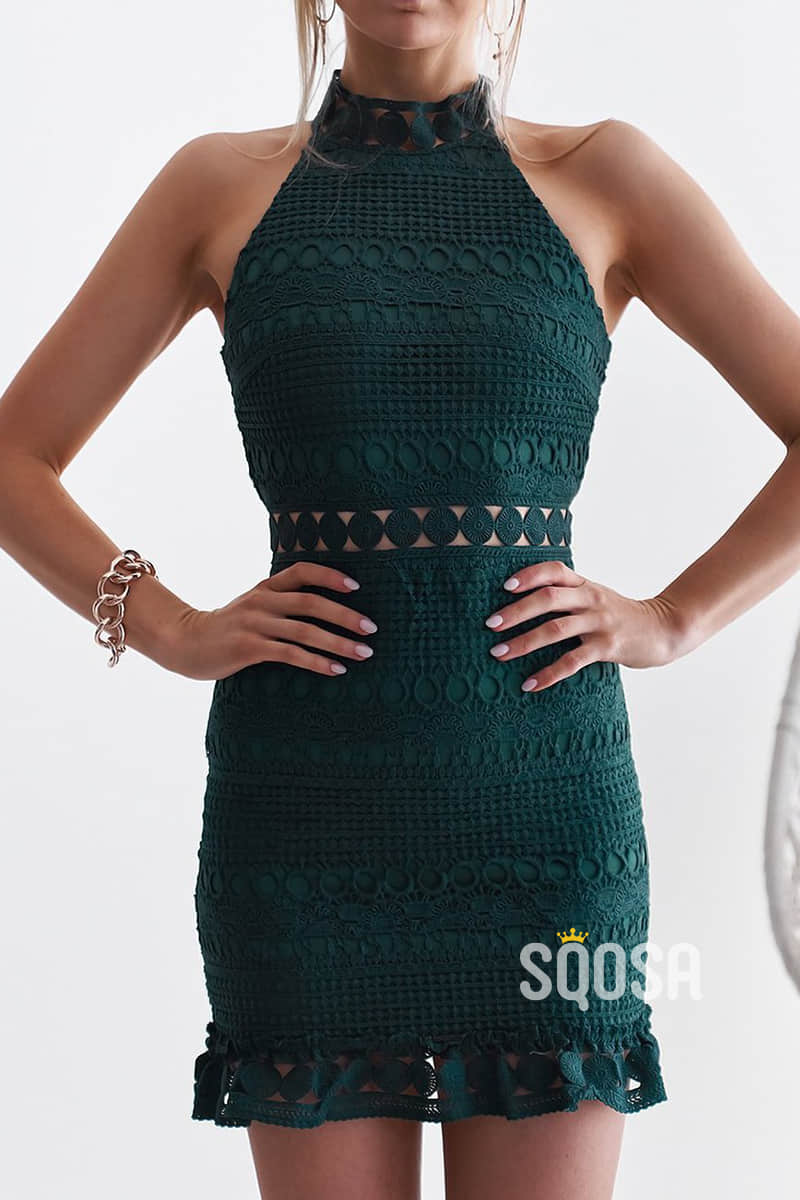 Chic High Neck Green Lace Sheath Homecoming Dress QS2252|SQOSA