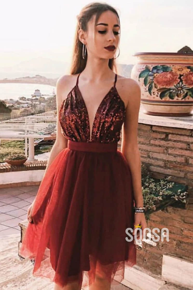 A-line Attractive V-neck Burgundy Homecoming Dress QS2255|SQOSA