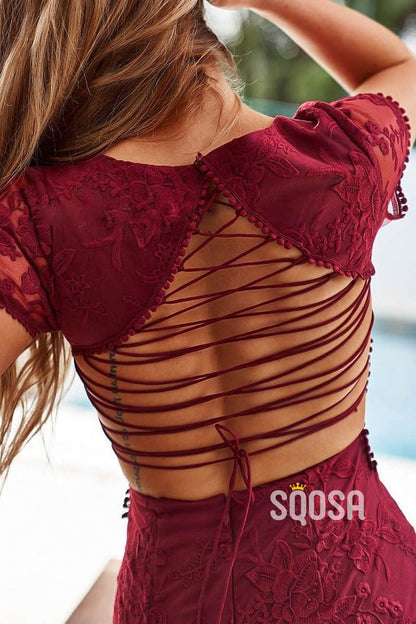 Sheath/Column Exquisite Lace Short Sleeves Burgundy Homecoming Dress QS2256|SQOSA