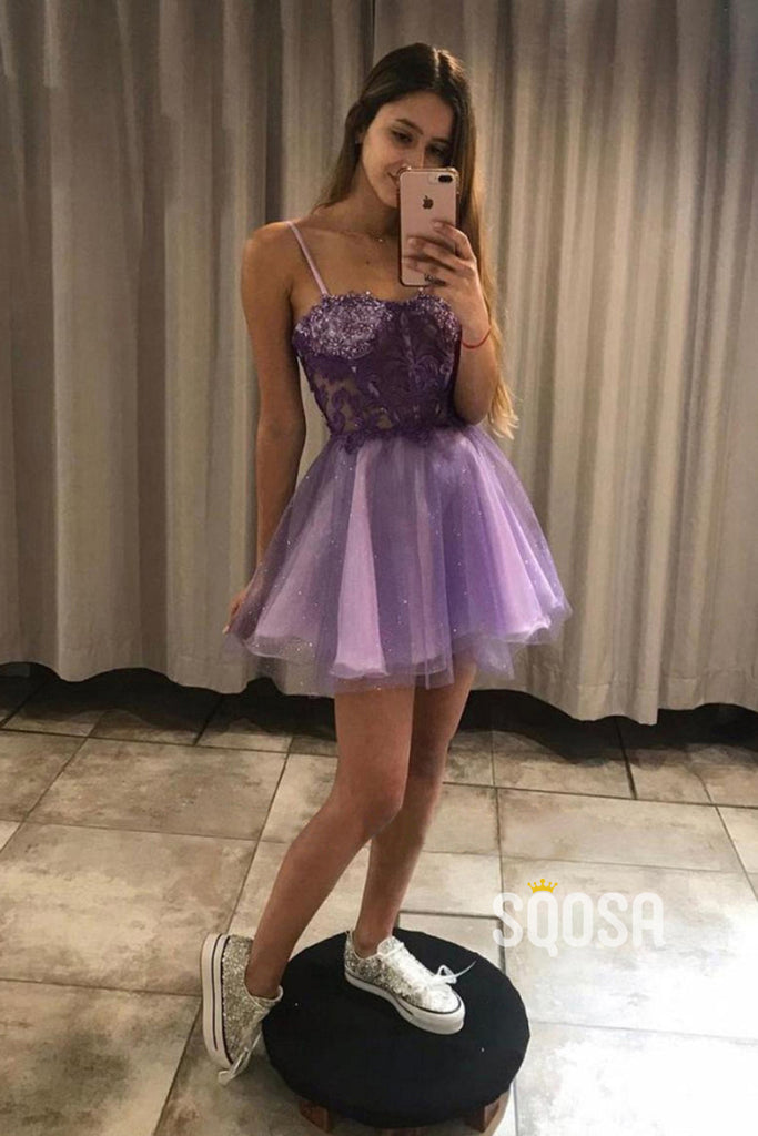 Spaghetti Straps Lace Appliques Cute Homecoming Dress Short Pageant Dress QS2379|SQOSA