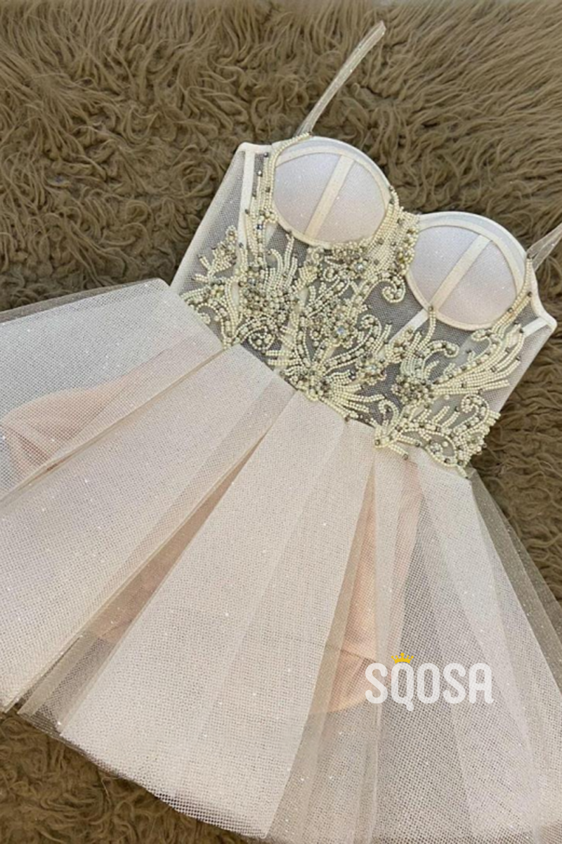 Spaghetti Straps Sweetheart Beads Short Homecoming Dress QS2380|SQOSA