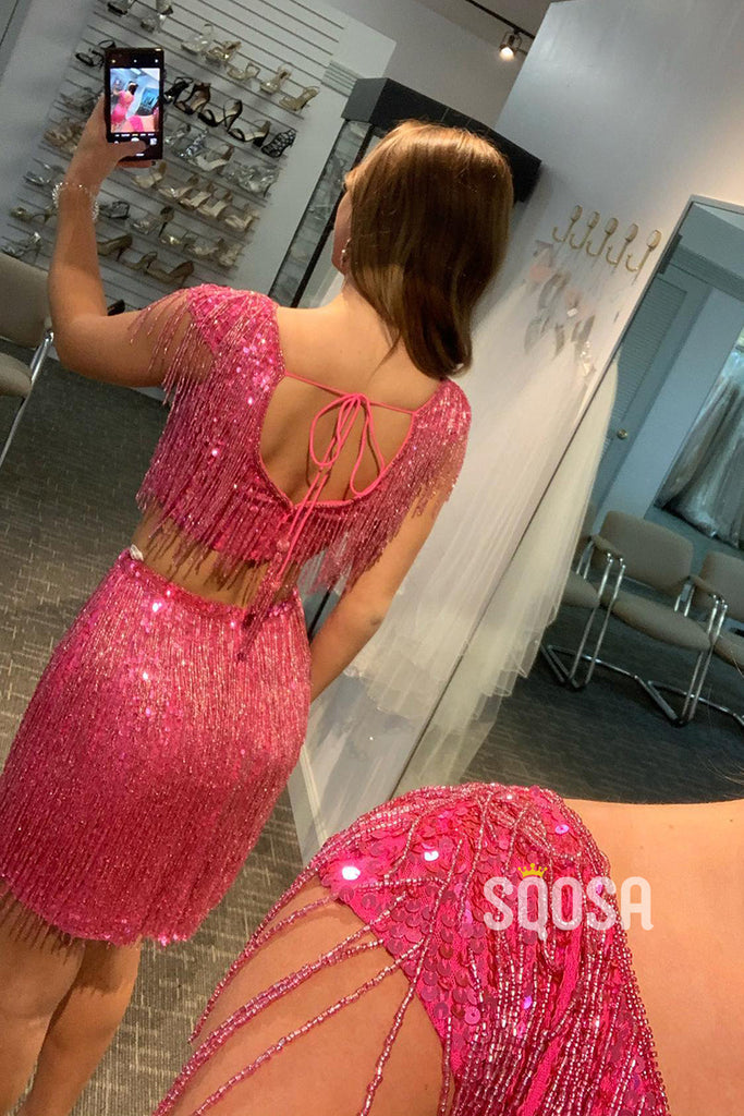 Sexy V-Neck Cap Sleeves Beaded Two-Piece Homecoming Dress QS2390|SQOSA