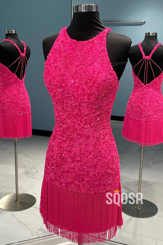 Halter Sequins Beads Hot Pink Cute Homecoming Dress Short Pageant Dress QS2397|SQOSA