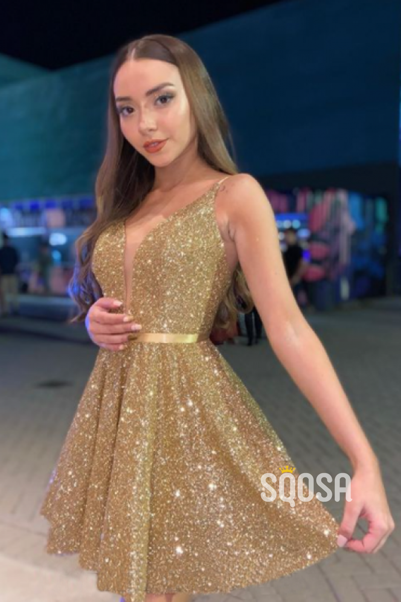 Sexy Attractive V-Neck Gold Homecoming Dress Short Prom Dress QS2398|SQOSA