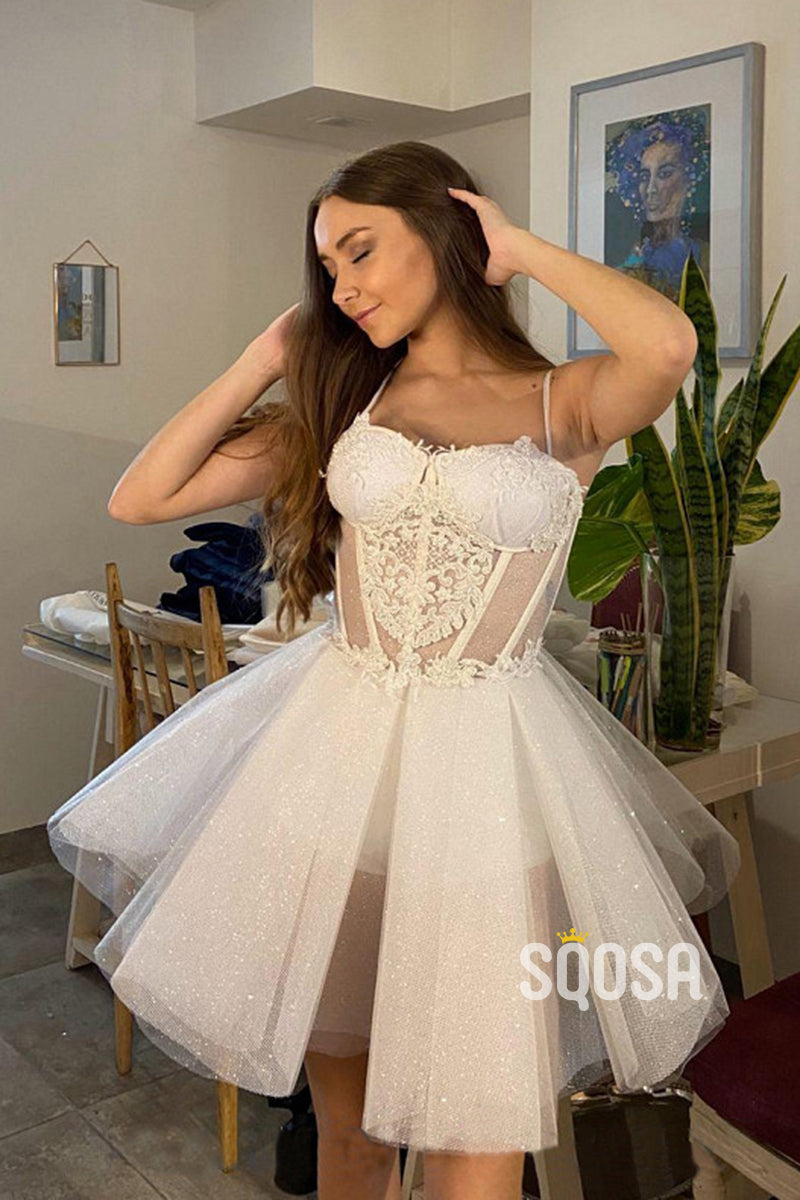 Spaghetti Straps Sweetheart Lace Appliques Short Homecoming Dress QS2399|SQOSA