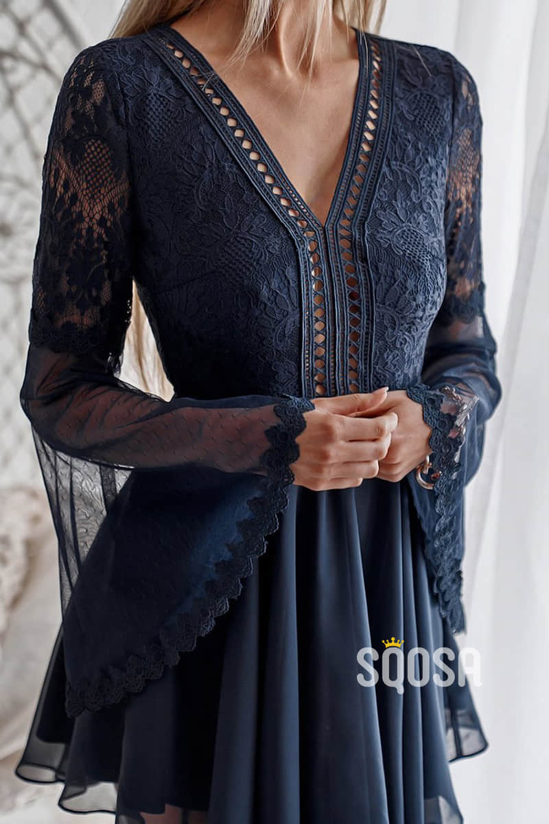 Unique Bat Sleeves V-neck Lace Short Homecoming Dress QS2263|SQOSA