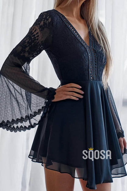 Unique Bat Sleeves V-neck Lace Short Homecoming Dress QS2263|SQOSA