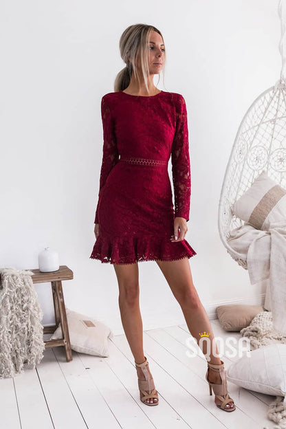 Sheath/Column Bateau Burgundy Lace Homecoming Dress with Sleeves QS2272|SQOSA