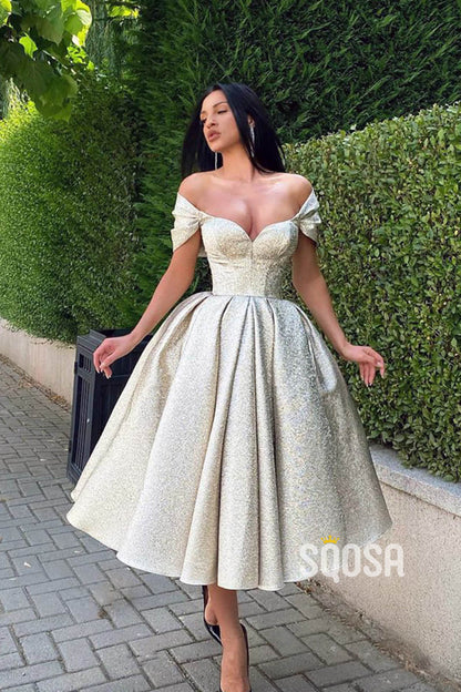 Unique Off-Shoulder Tea Length Short Prom Dress Glitter QS2311|SQOSA