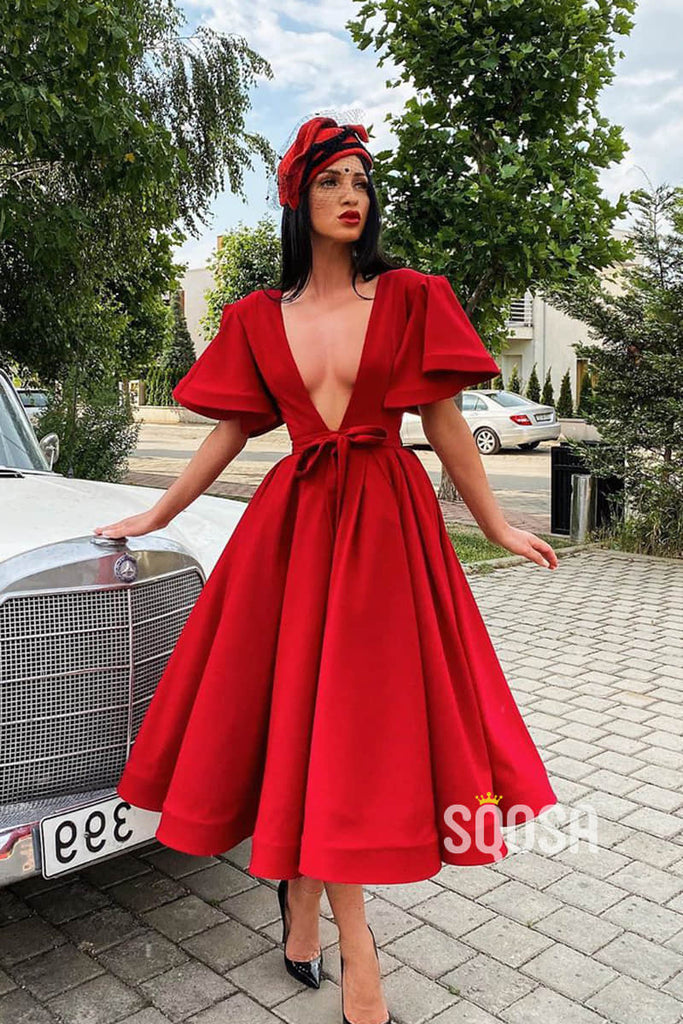 Attractive Deep V-neck Red Vintage Formal Dress with Sleeves QS2312|SQOSA