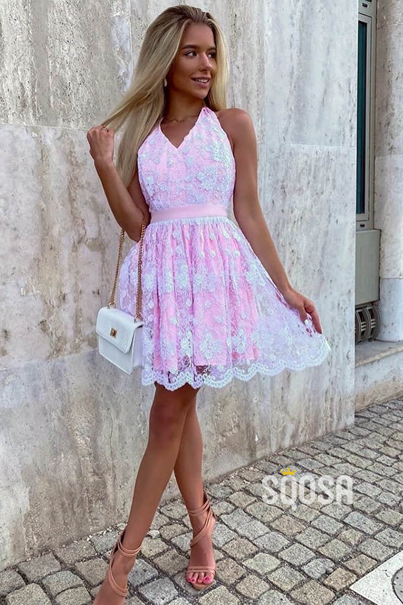 A-line Unique Halter Pink Lace Cute Homecoming Dress QS2313|SQOSA