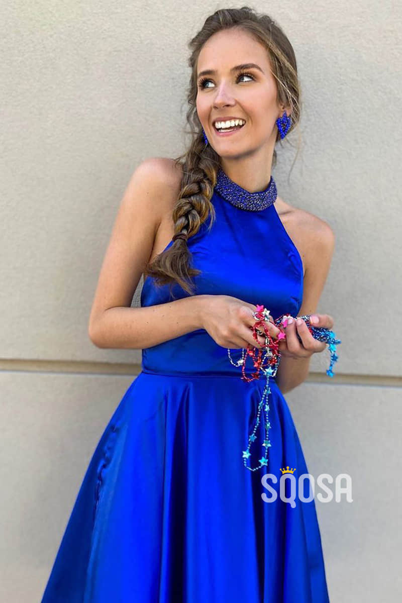 Unique Halter Beaded Royal Blue Short Homecoming Dress QS2321|SQOSA