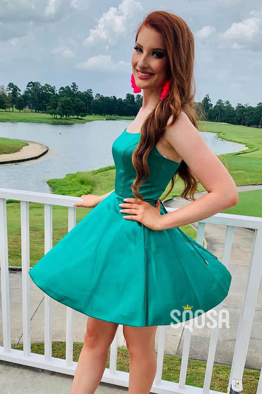 A-line Unique Scoop Green Satin Simple Homecoming Dress with Pockets QS2331|SQOSA