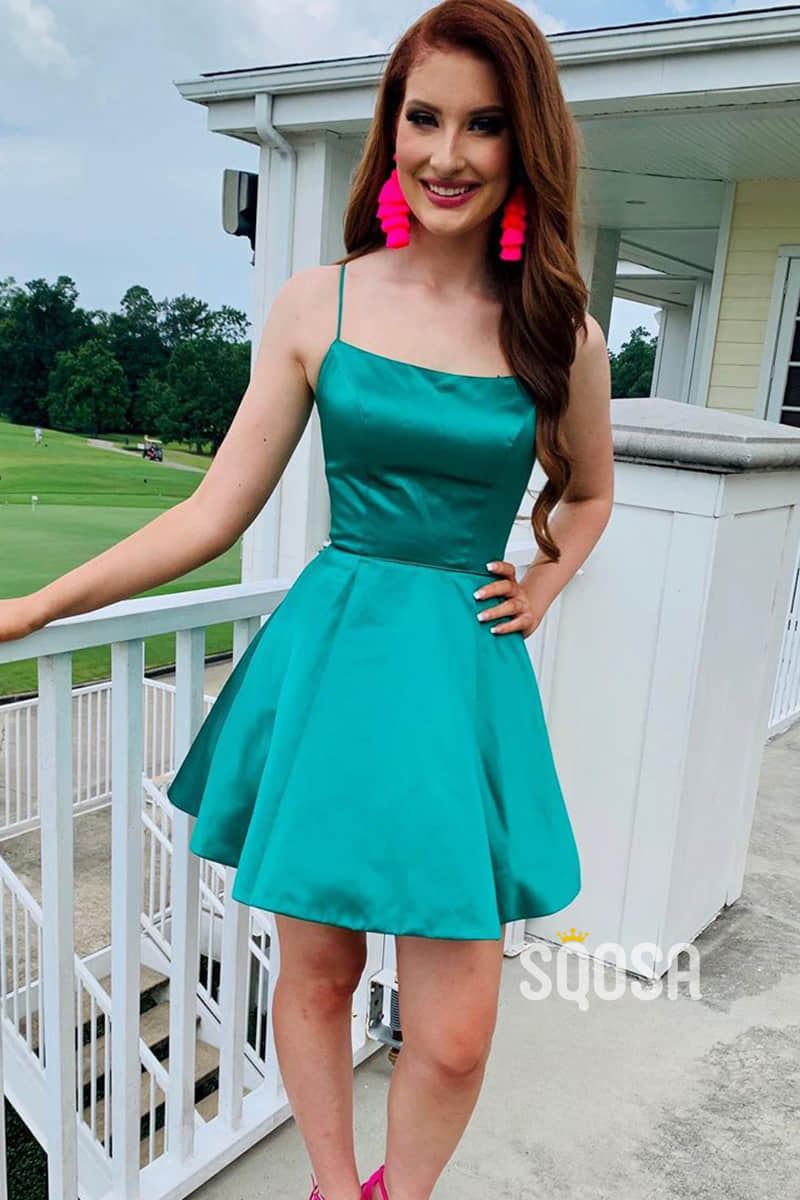 A-line Unique Scoop Green Satin Simple Homecoming Dress with Pockets QS2331|SQOSA