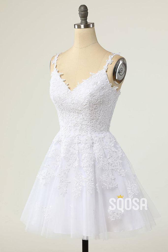 A-line V-Neck Lace Appliques SHort Homecoming Dress QS2135|SQOSA