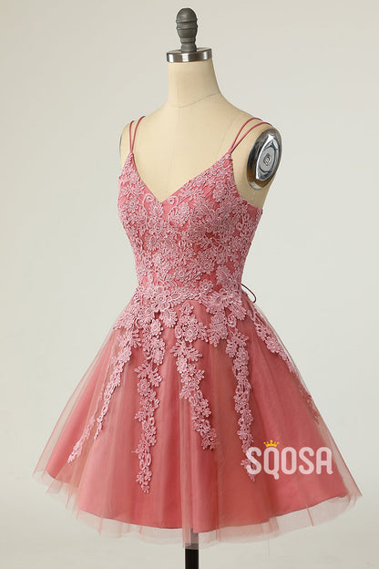 Spaghetti Straps Lace Appliques A-line Short Homecoming Dress QS2136|SQOSA