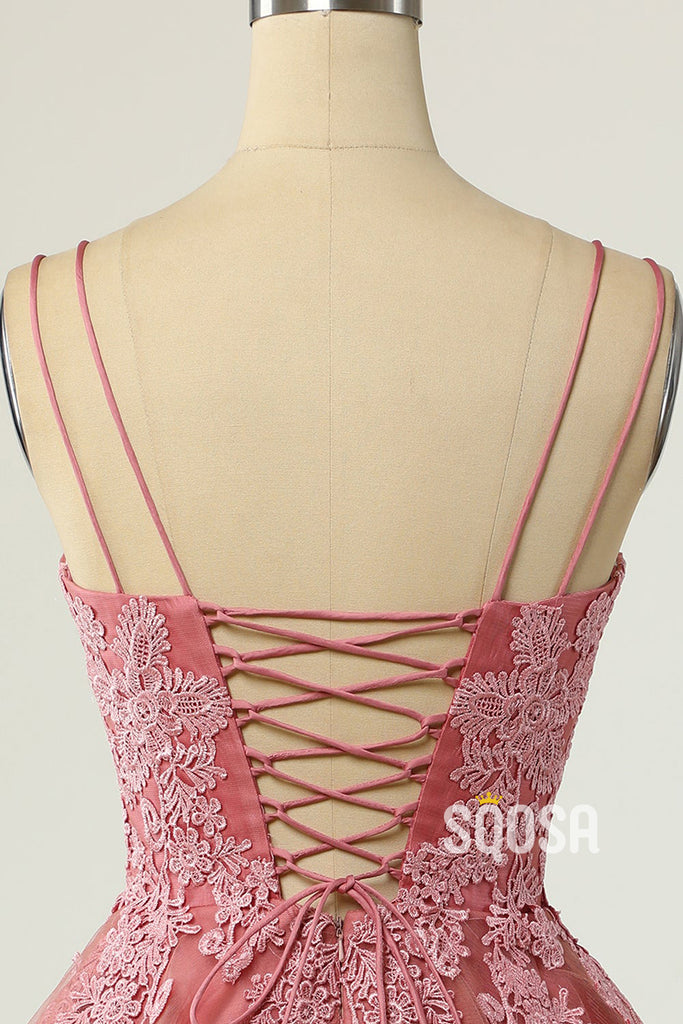 Spaghetti Straps Lace Appliques A-line Short Homecoming Dress QS2136|SQOSA