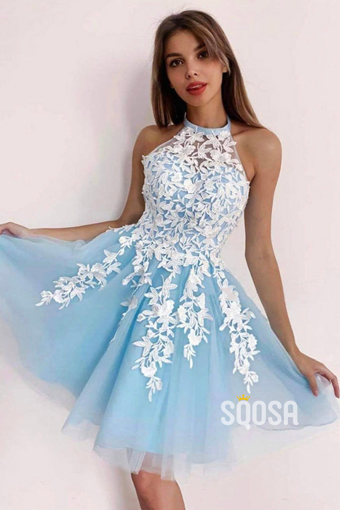 Unique Halter Lace Appliques A-line Cute Homecoming Dress QS2156|SQOSA