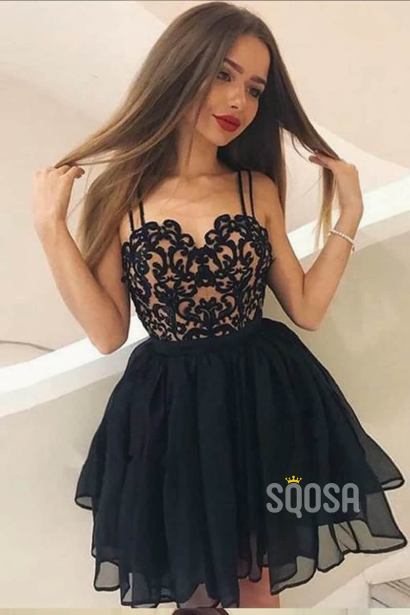 A-line Black Lace Appliques Spaghetti Straps Cute Homecoming Dress QH2086|SQOSA