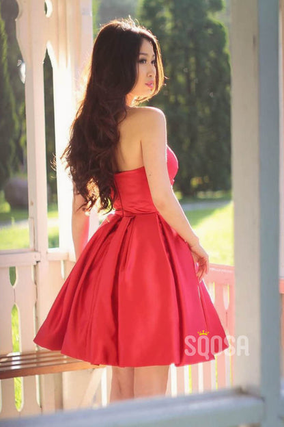 A-line Sweetheart Burgundy Satin Pleat Simple Homecoming Dress QH2096