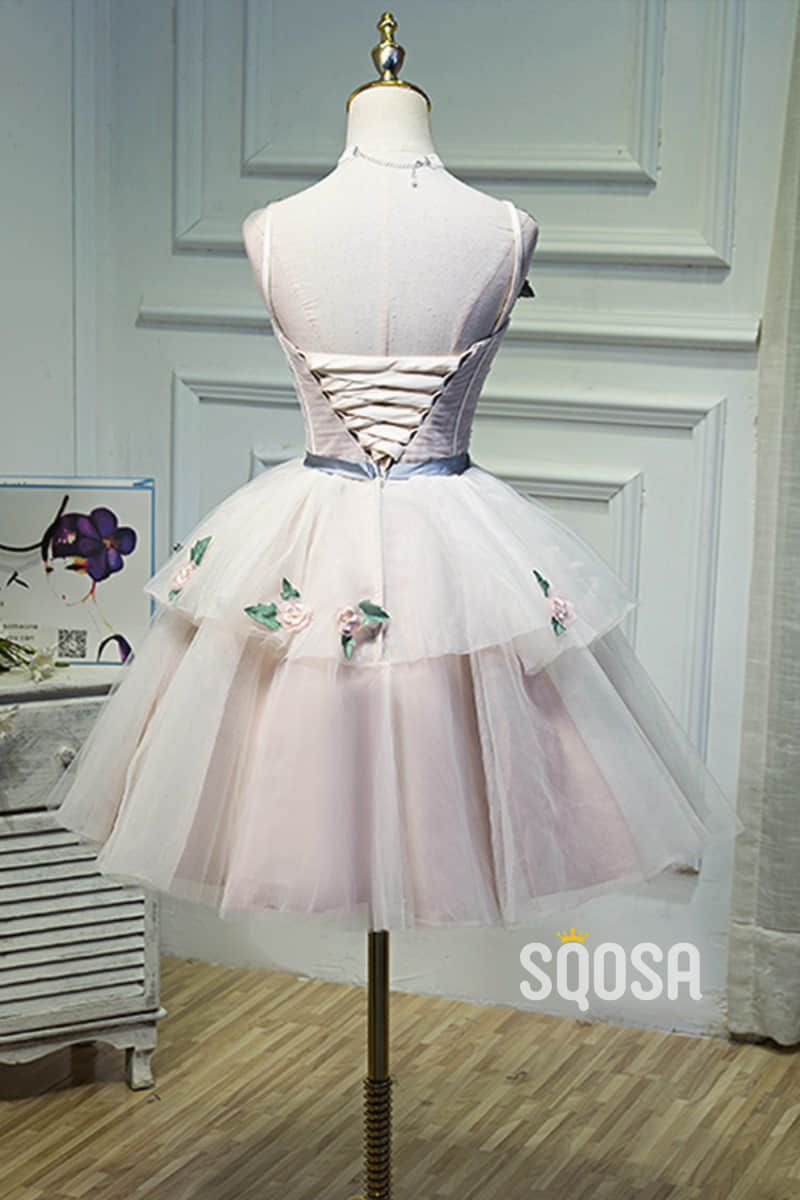 A-line 3D Appliques Pink Cute Homecoming Dress  Pageant Dress QH2102|SQOSA