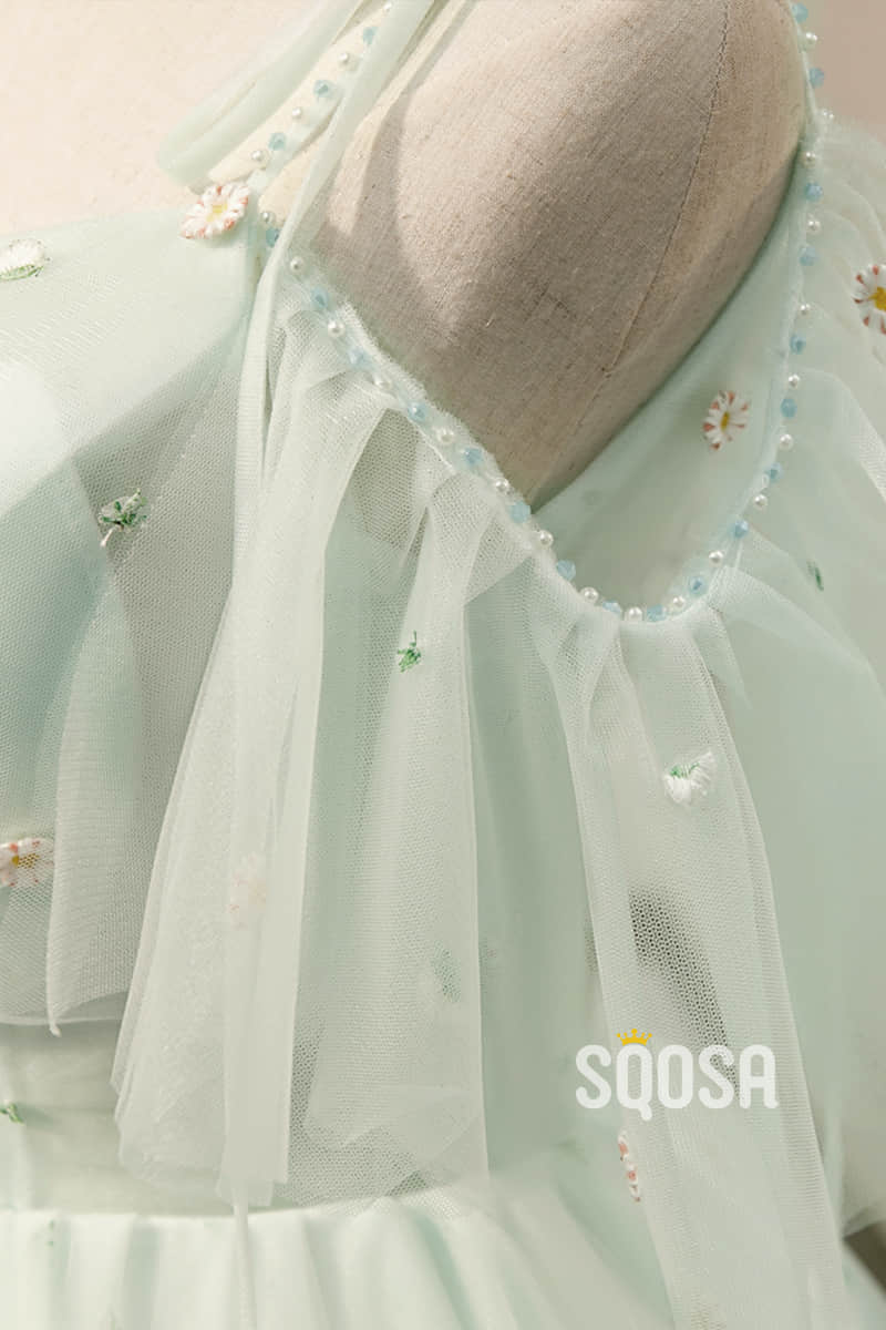 A-line Mint Green Tulle Appliques Short Homecoming Dress Pageant Dress QH2104|SQOSA