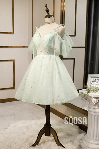 A-line Mint Green Tulle Appliques Short Homecoming Dress Pageant Dress QH2104|SQOSA
