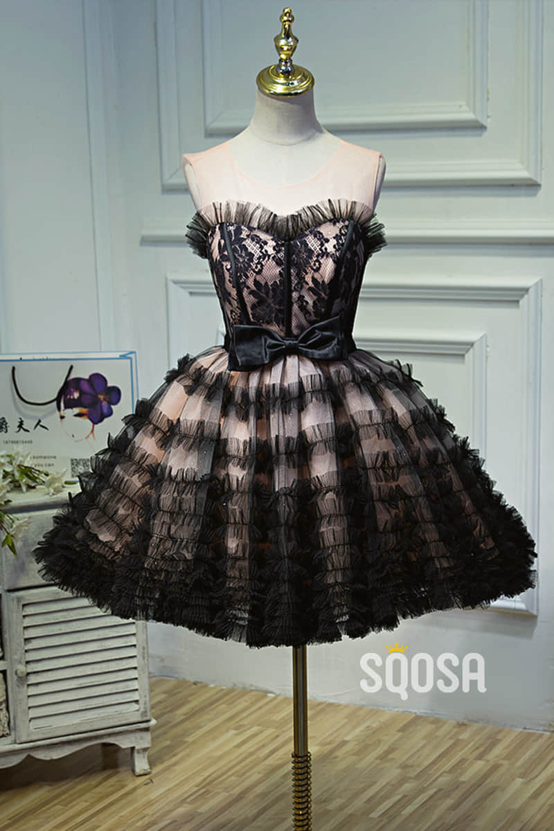 A-line Scoop Tulle Chic Ruffle Short Homecoming Dress Pageant Dress QH2105|SQOSA