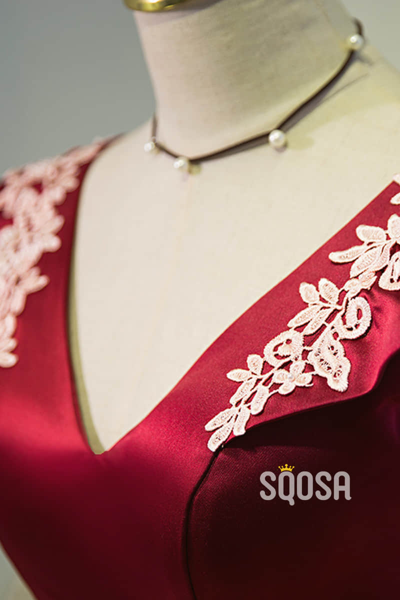 A-line Chic Cap Sleeves Burgundy Satin Appliques Short Homecoming Dress QH2112|SQOSA
