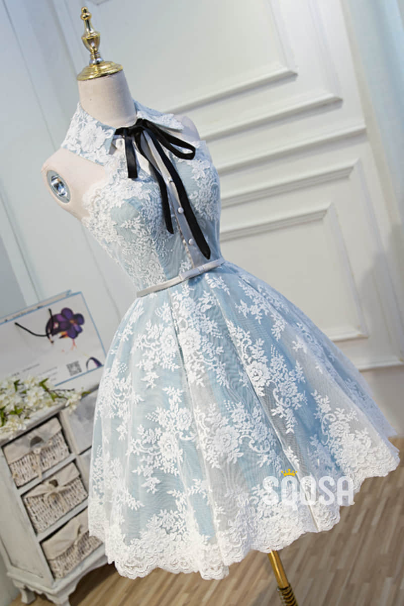 A-line Unique High Neckline Lace Vintage Homecoming Dress QH2113|SQOSA